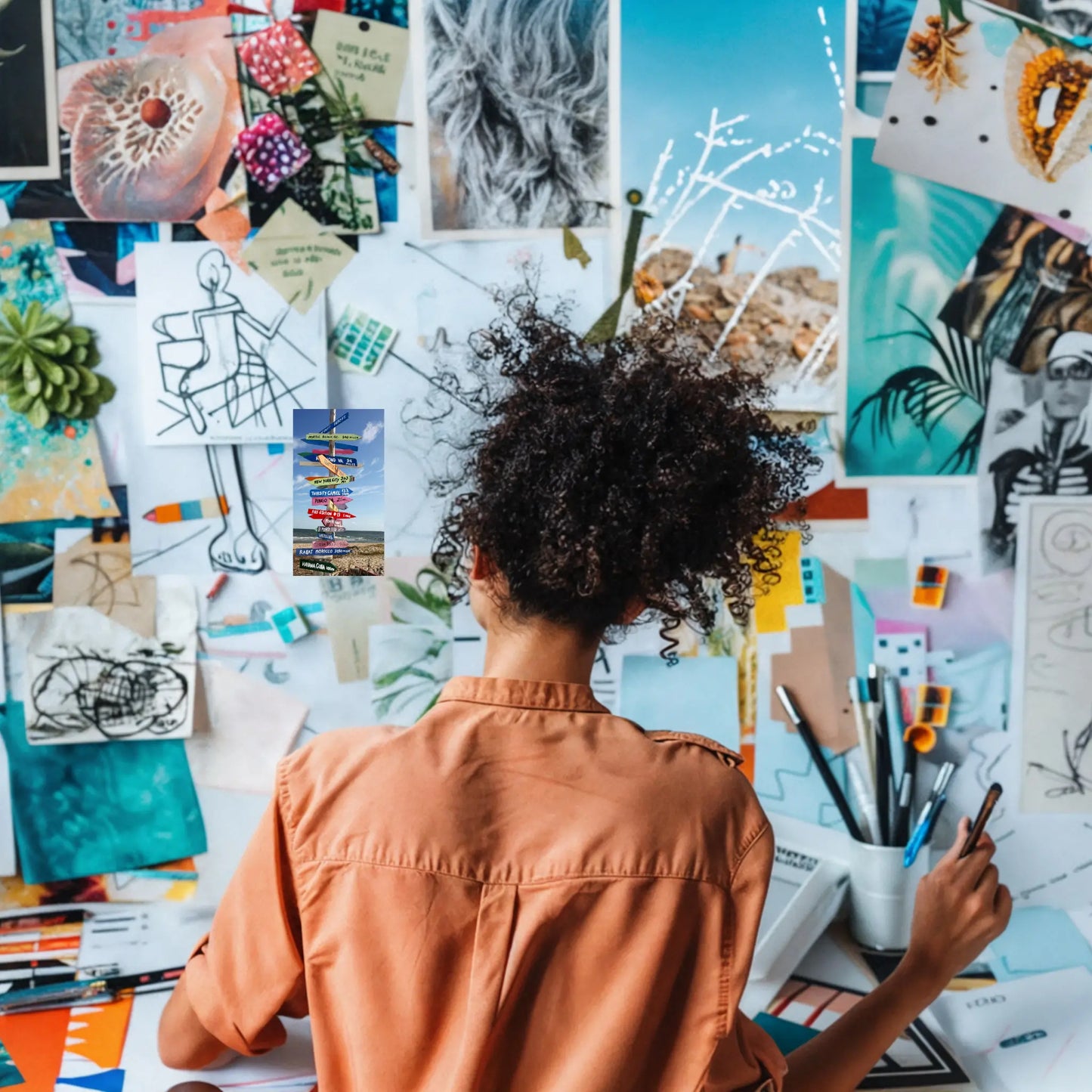 Person creating art with various prints and notes on a colorful wall, showcasing creativity and inspiration.