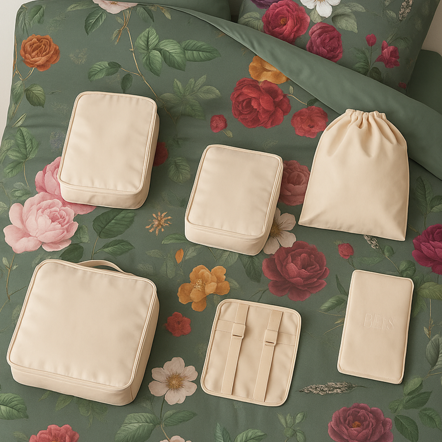 Travel Cocoon 7-piece travel organizer set on floral bedding, designed for efficient packing and organization.