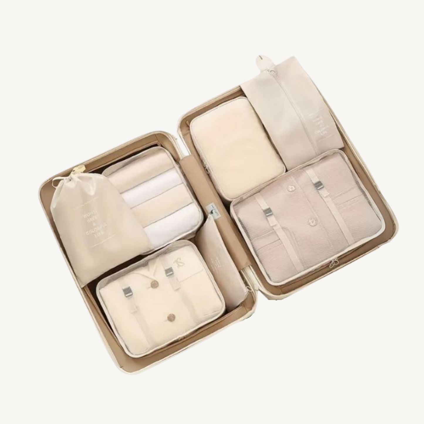 Travel Cocoon 7-piece travel organizer set, featuring well-structured packing cubes for neat and efficient suitcase packing.