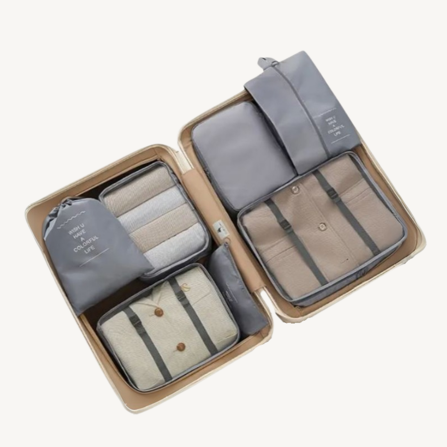 Travel Cocoon 7-delige reisorganizer set in een koffer, perfect voor georganiseerd en stressvrij reizen.