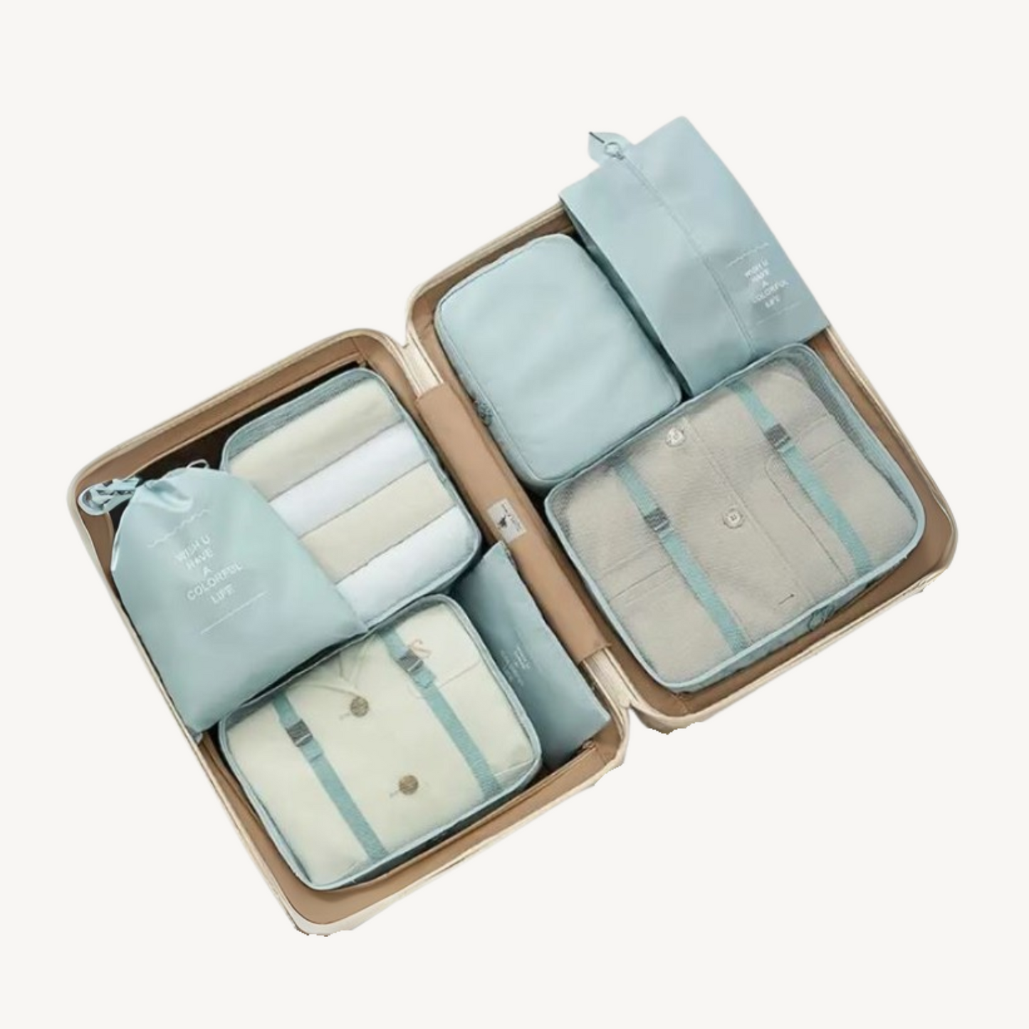 Travel Cocoon 7-delige reisorganizer set met opbergzakken in pastelkleuren voor efficiënte bagageorganisatie.