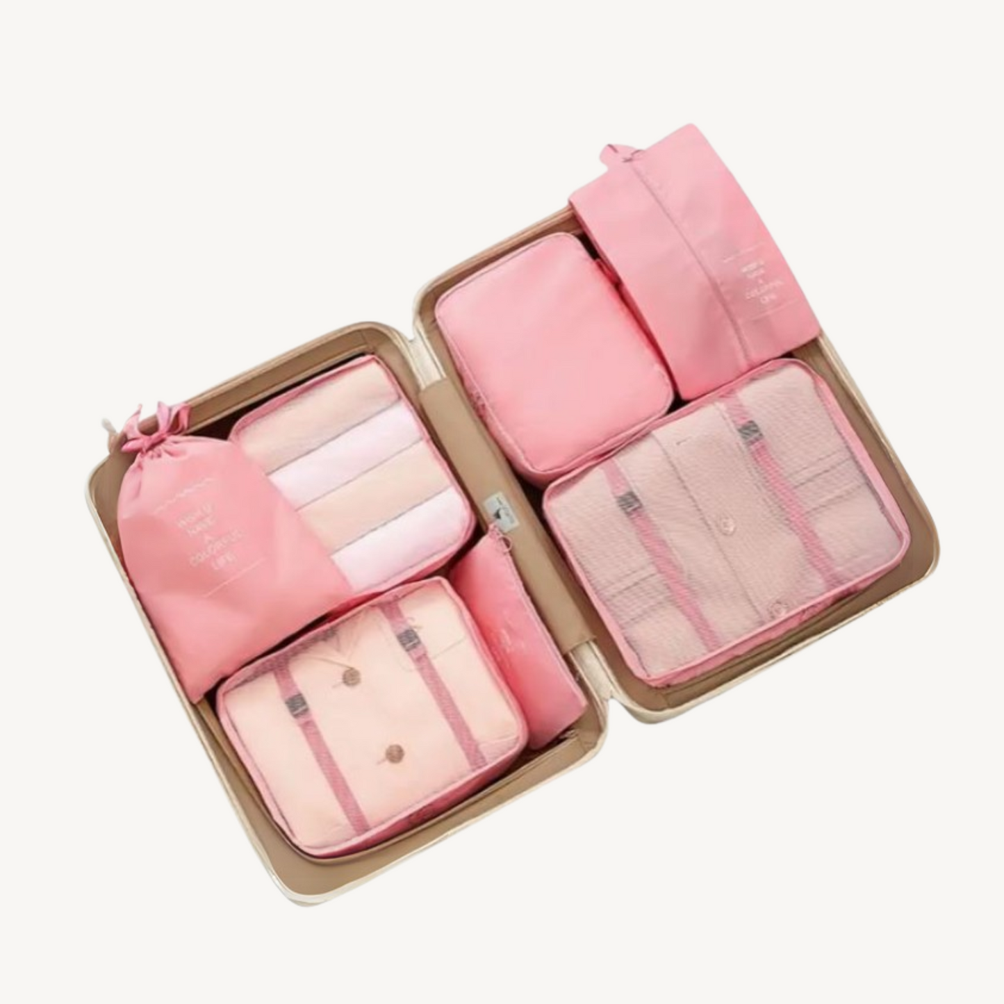 Organized pink packing cubes in an open suitcase, ideal for travel efficiency and stress-free packing.