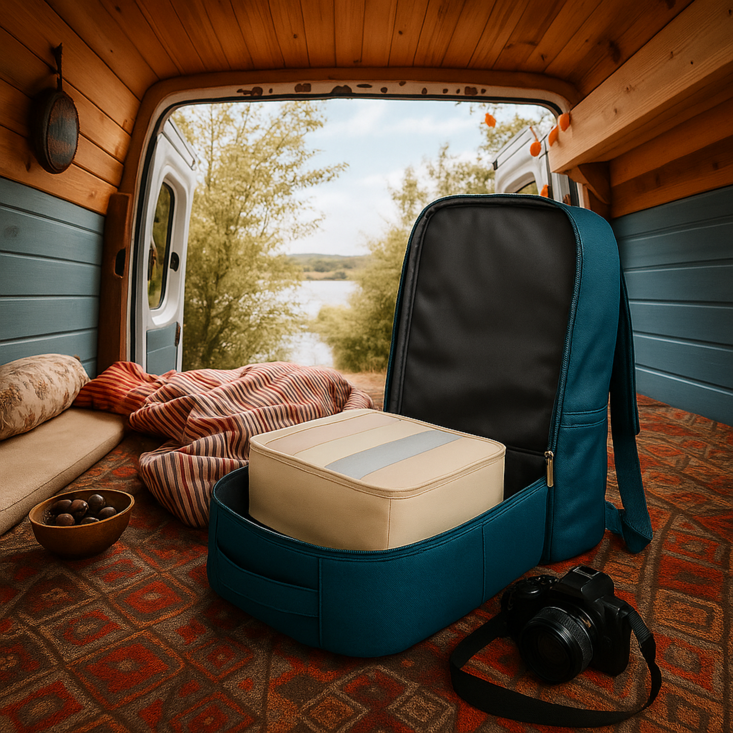 Travel Cocoon packing cubes in a stylish backpack, ideal for organized packing in a camper van setting.