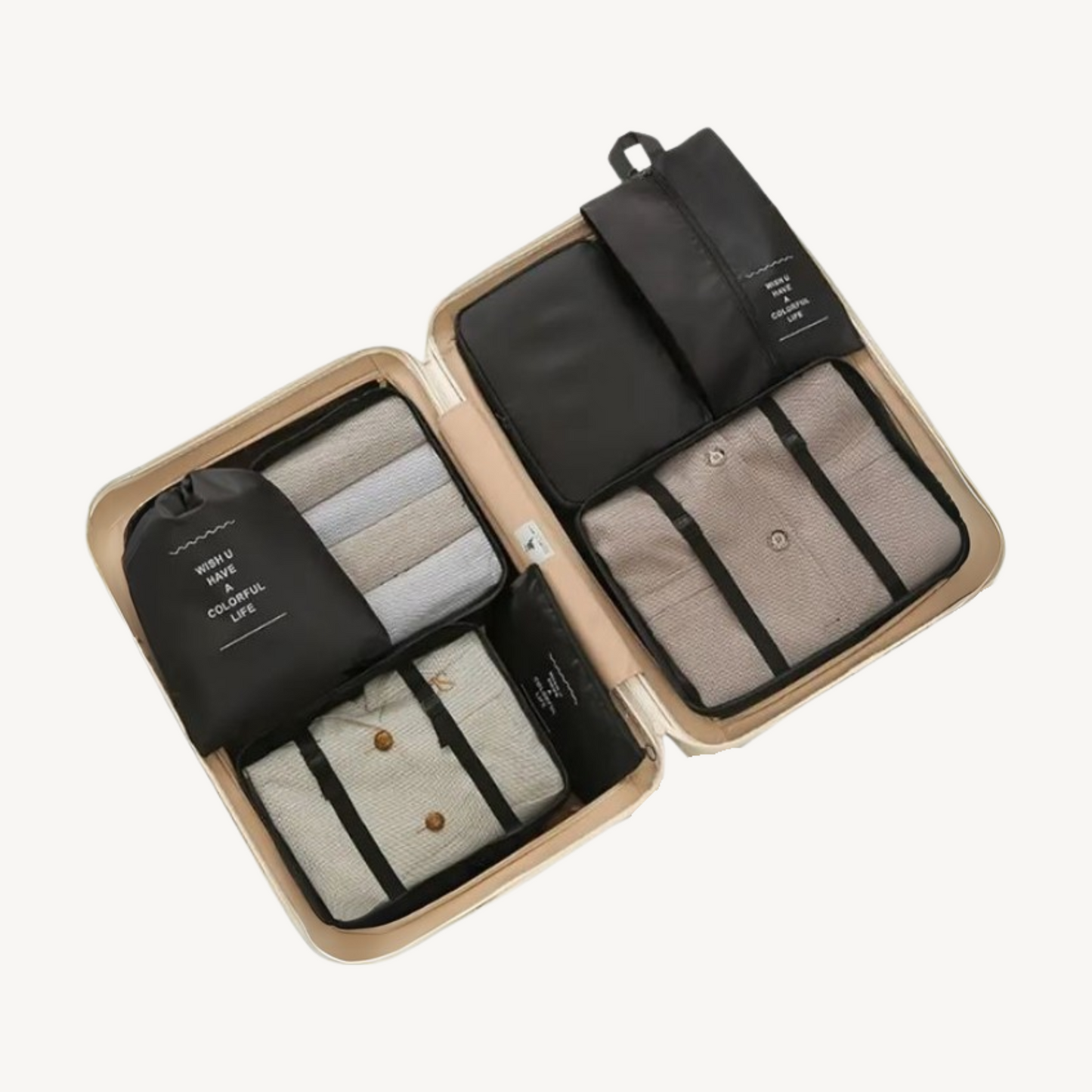 Travel Cocoon 7-delige reisorganizer set met slimme packing cubes voor efficiënte bagageorganisatie.