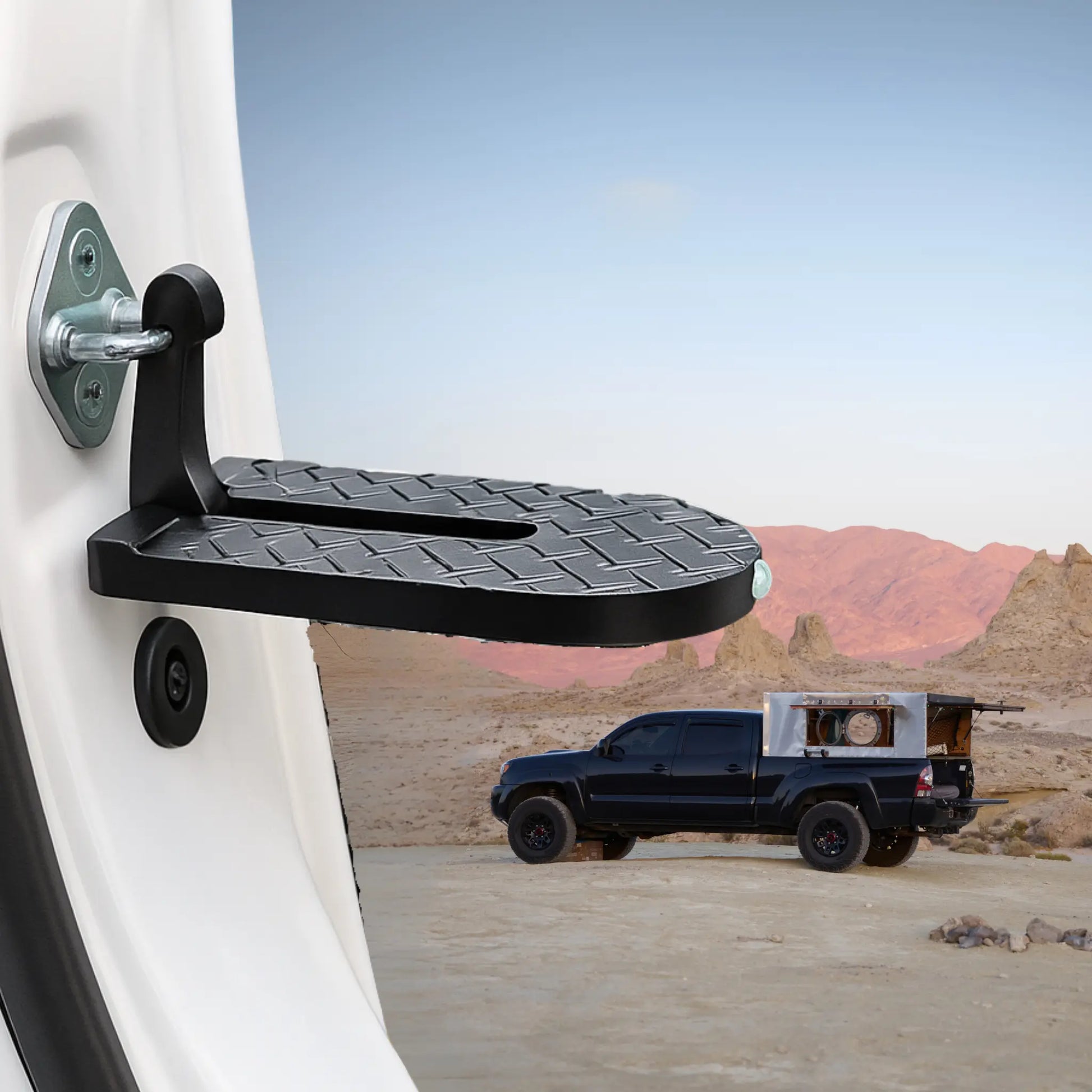 SKYSTEP™ foldable car door step for easy access to roof tents and luggage in rugged terrain.
