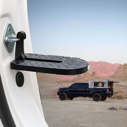 SKYSTEP™ foldable car door step for easy access to roof tents and luggage in rugged terrain.