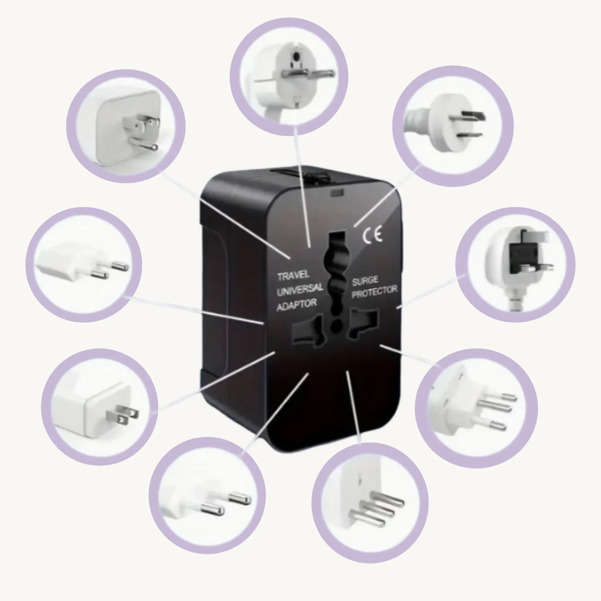 ADAPTGO world travel adapter with multiple plug types for 150+ countries, compact and versatile design.