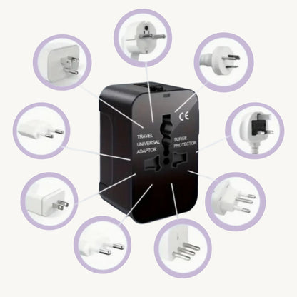 ADAPTGO world travel adapter with multiple plug types for 150+ countries, compact and versatile design.