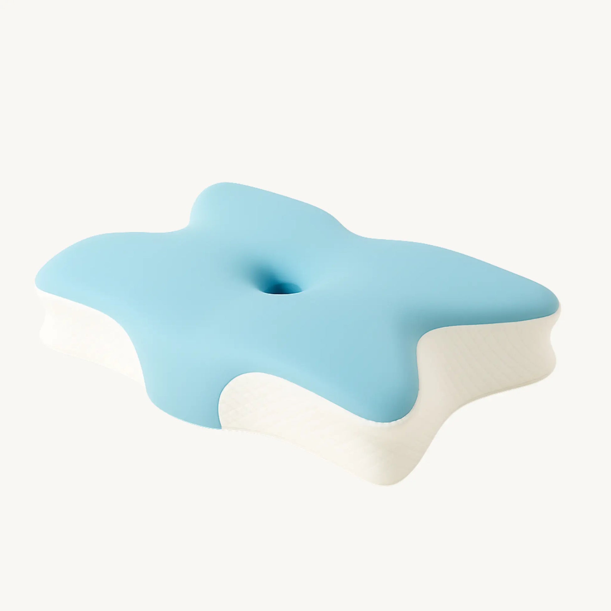 NEURA ergonomisch traagschuim kussen in blauw en wit, ontworpen voor optimale slaapondersteuning.