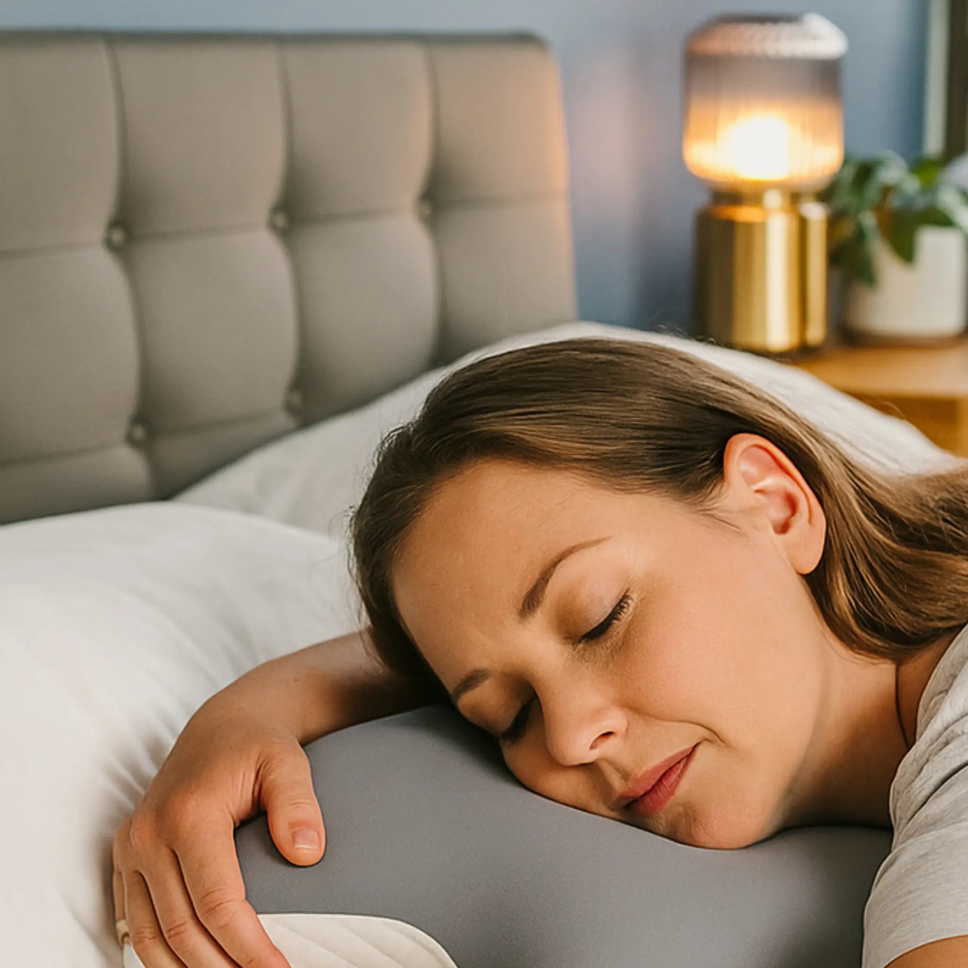 Vrouw die ontspannen slaapt met NEURA ergonomisch traagschuim kussen, ideaal voor diepe rust en comfort.