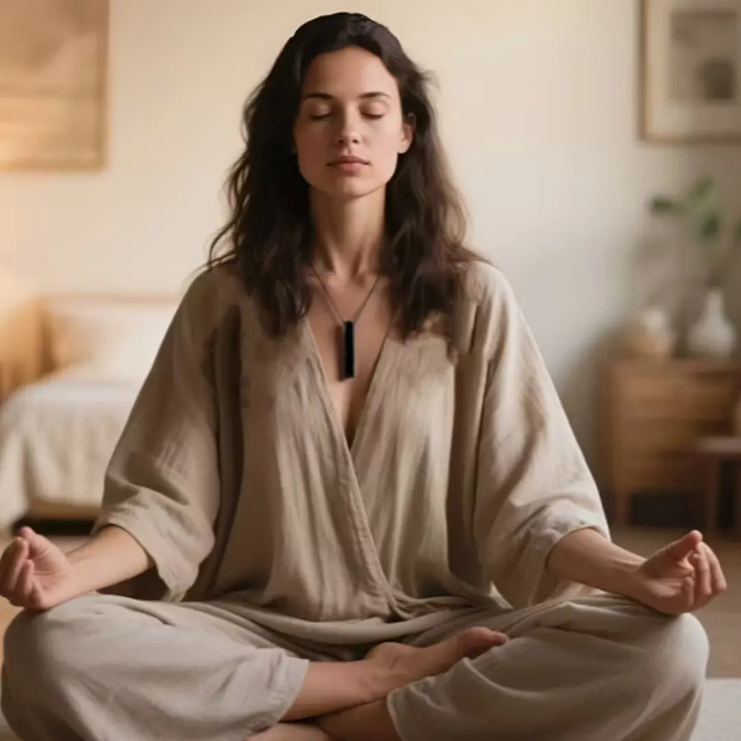 Woman in meditation. With RESPIRA around het neck., promoting relaxation and stress relief